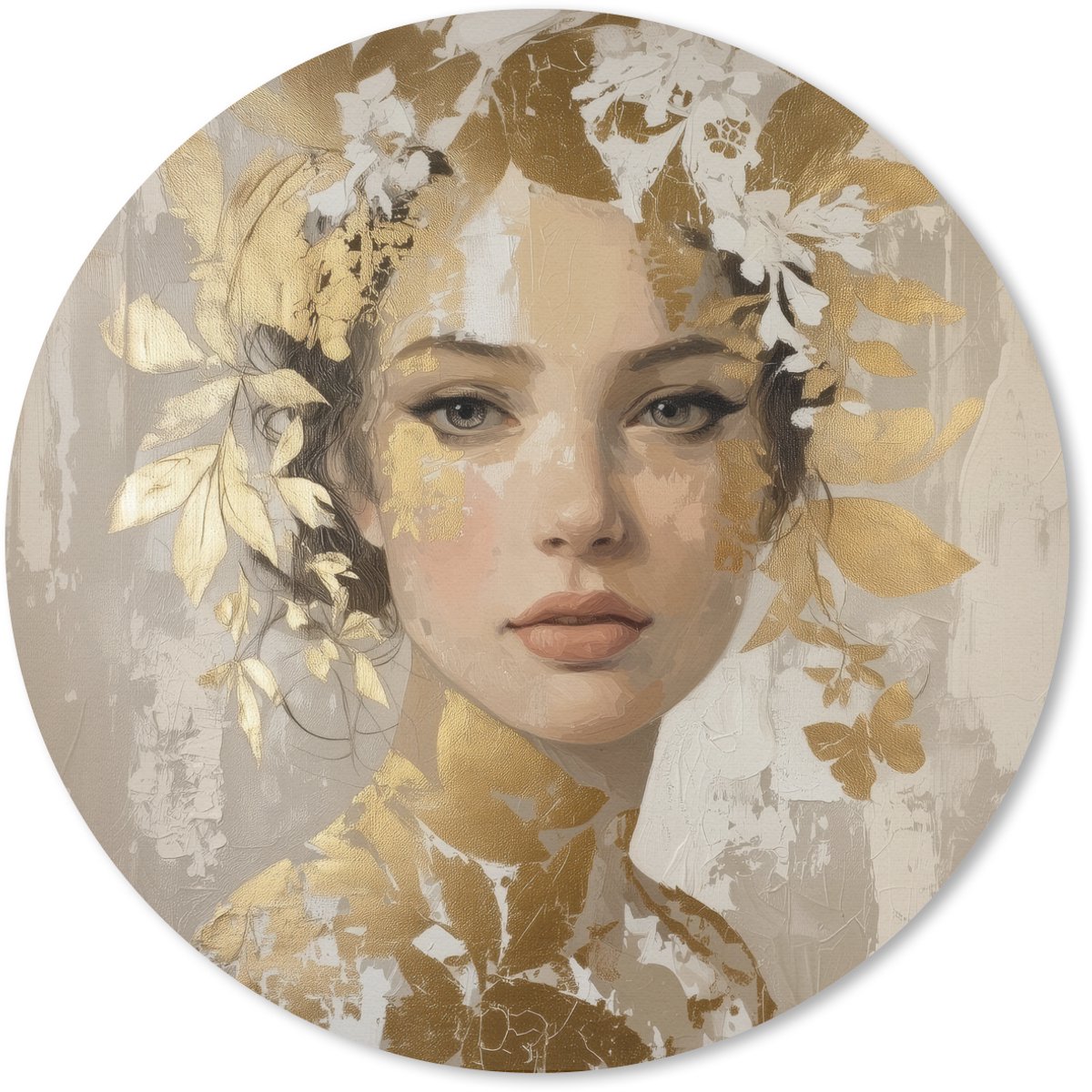 Muismat rond 20x20 cm - Mousepad Gezicht - Vrouw - Bladeren - Goud - Ronde muismatten