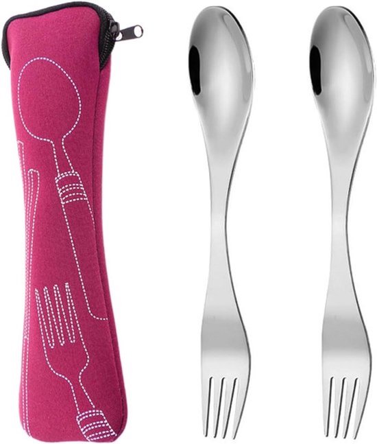 Foto: Roestvrij stalen vorken en lepels set voor kamperen en reizen met bestekzak duurzaam en herbruikbaar servies 2 in 1 draagbare vorken en lepels