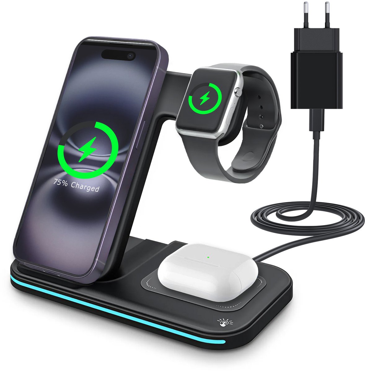Draadloos Oplaadstation voor Smartphone, Smart Watch en Oordopjes van MMOBIEL – 3-in-1 Draadloze Oplader 15W – Snellader - Inclusief 20W Adapter - Zwart