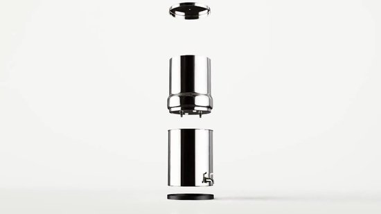 Phoenix Gravity 12 liter waterfilter uit elkaar: deksel, bovenkamer en onderkamer met tapkraan