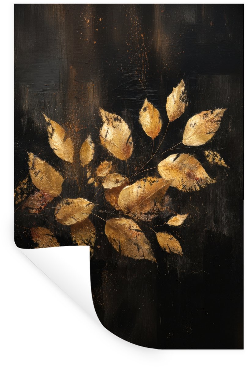 Muurstickers - Sticker Folie - Gouden Bladeren op Donkere Achtergrond - 80x120 cm - Plakfo