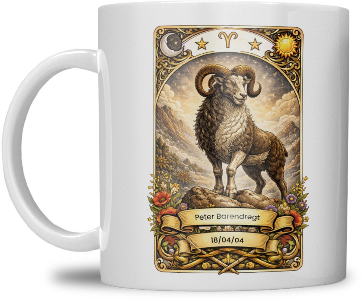 Sterrenbeeld mok - Ram - Wit - Tarot mok - Gepersonaliseerd met naam en datum