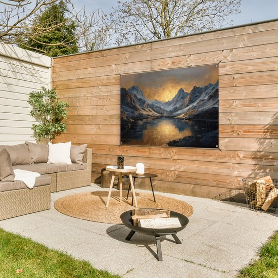 Affiche de jardin 120x80 cm - Décoration de jardin Paysage montagneux avec Coucher de soleil doré - Affiche pour le jardin - Décoration extérieure - Peinture de clôture de jardin - Toile de jardin décoration murale - Décoration murale toile de balcon