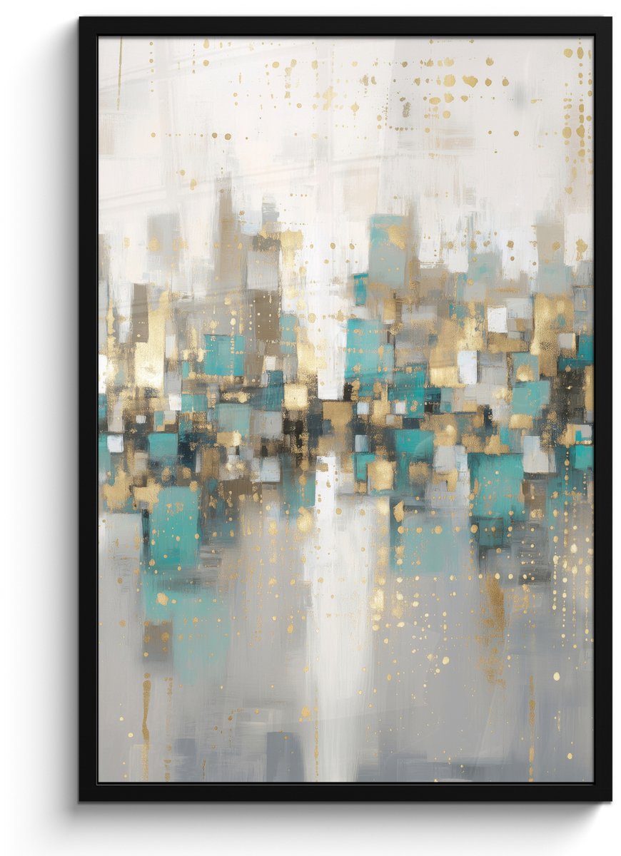 FrameYourWall Poster in lijst - Fotolijst 60x90 cm - Posters - Abstract - Blokken - Goud - Skyline - Posterlijst zwart - Decoratie - Wanddecoratie woonkamer - Muurdecoratie slaapkamer