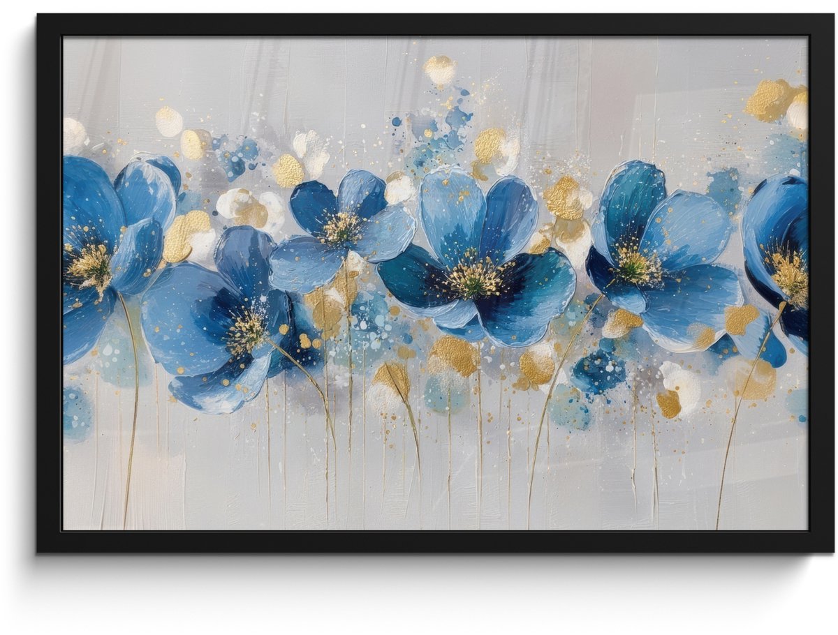FrameYourWall Poster in lijst - Fotolijst 60x40 cm - Posters - Bloemen - Blauw - Abstract - Posterlijst zwart - Decoratie - Wanddecoratie woonkamer - Muurdecoratie slaapkamer