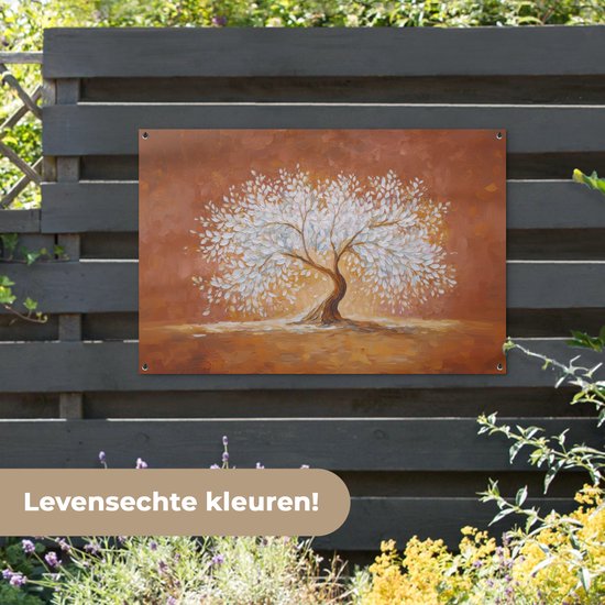 Poster de jardin 120x80 cm - Décoration de jardin Abstrait - Arbre - Blanc - Feuilles - Poster pour le jardin - Décoration extérieure - Tableau de jardin pour clôture - Toile de jardin décoration murale - Décoration de balcon