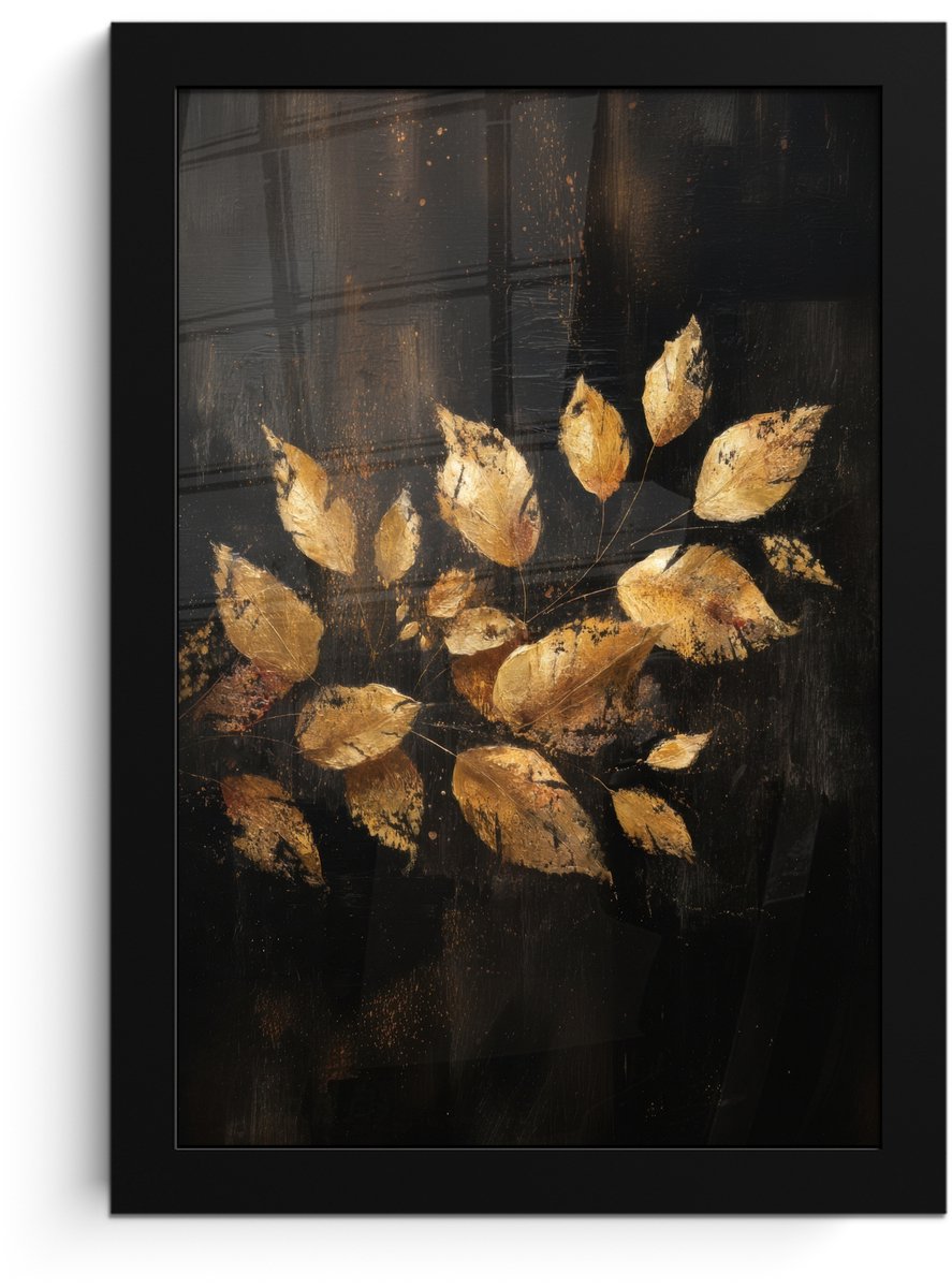 FrameYourWall Poster in lijst - Fotolijst 20x30 cm - Posters - Gouden Bladeren op Donkere Achtergrond - Posterlijst zwart - Decoratie - Wanddecoratie woonkamer - Muurdecoratie slaapkamer Bladeren - Goud