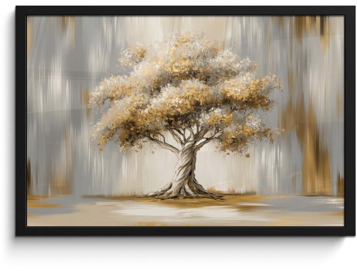 FrameYourWall Poster in lijst - Fotolijst 60x40 cm - Posters - Boom - Bladeren - Abstract - Wit - Posterlijst zwart - Decoratie - Wanddecoratie woonkamer - Muurdecoratie slaapkamer