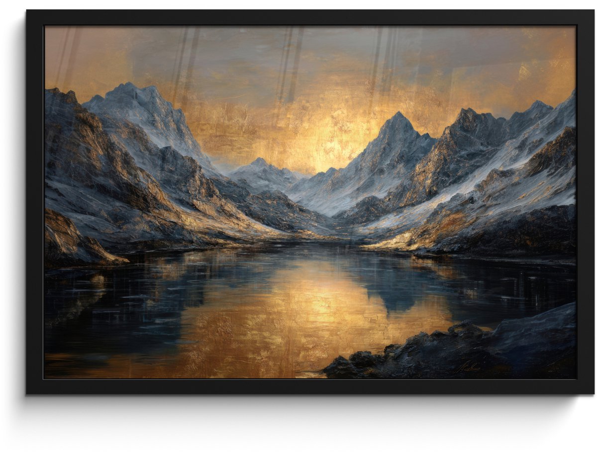 FrameYourWall Poster in lijst - Fotolijst 60x40 cm - Posters - Berglandschap met Gouden Zonsondergang - Posterlijst zwart - Decoratie - Wanddecoratie woonkamer - Muurdecoratie slaapkamer Bergen - Zonsondergang - Meer