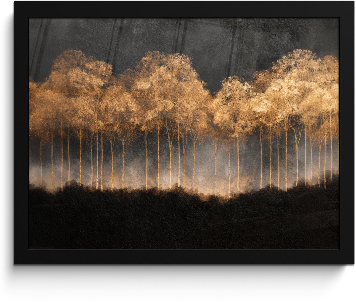 FrameYourWall Poster in lijst - Fotolijst 40x30 cm - Posters - Gouden Bomen in Mistig Landschap - Posterlijst zwart - Decoratie - Wanddecoratie woonkamer - Muurdecoratie slaapkamer Bomen - Mist - Goud