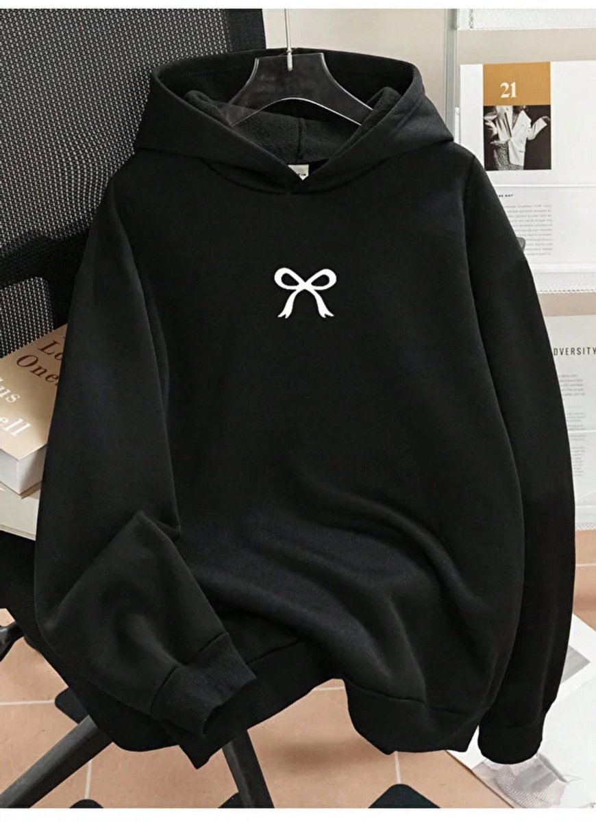 Stijlvolle Zwarte Hoodie met Minimalistische Witte Strik Comfortabel en Trendy Casual Sweatshirt voor Dames en Heren 4XL-5XL