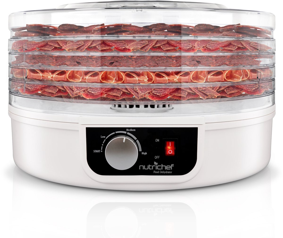 NutriChef Voedseldroger – 600 Watt – 5 Laags Droogmachine met Temperatuurcontrole tot 82°C – Rond Wit