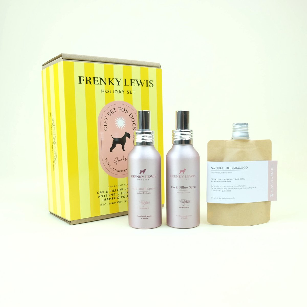 Holiday set - 100ml Car & Pillow Spray + 100ml Anti Smell Spray + 30ml Shampoo pouch - Sandalwood, Jasmine, Vanilla