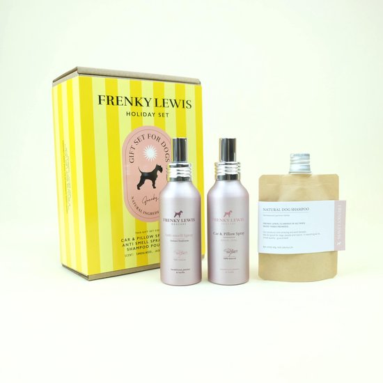 Gele set met strepen met een gift set voor honden van Frenky Lewis, 2 flessen en een zakje shampoo. Geuren: sandalwood, jasmijn & vanille.