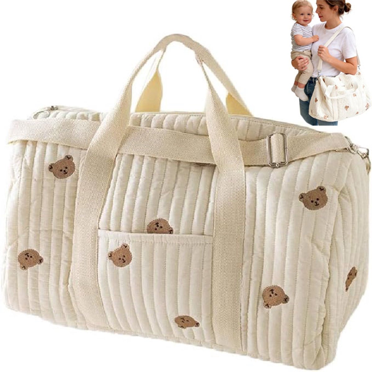 Luiertas - Mom Bag - Luiertas Schoudertas - Schoudertas - Verzorgingstas - Verzorgingstas voor Baby - Beertje Design - Kraamcadeau - Geborduurde reistas - Bagage met grote capaciteit - Groot - Unisex Baby Tas - Beige