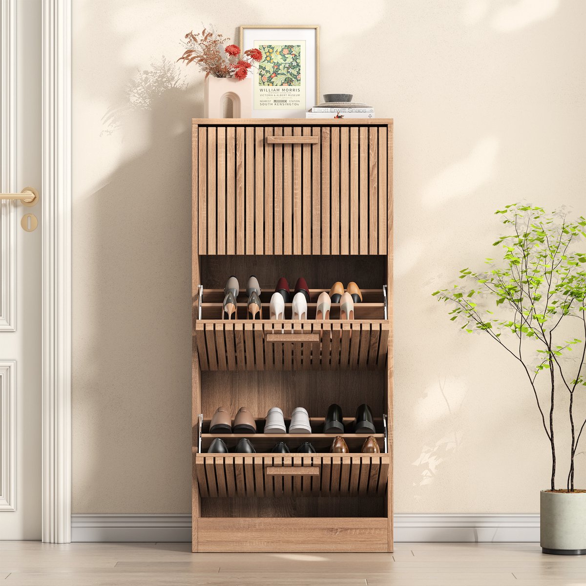 Houten Schoenenkast met 3 Flapdeuren – Volledig Houten Design, 3 Lagen Schoenrekken, 60×24×113 cm