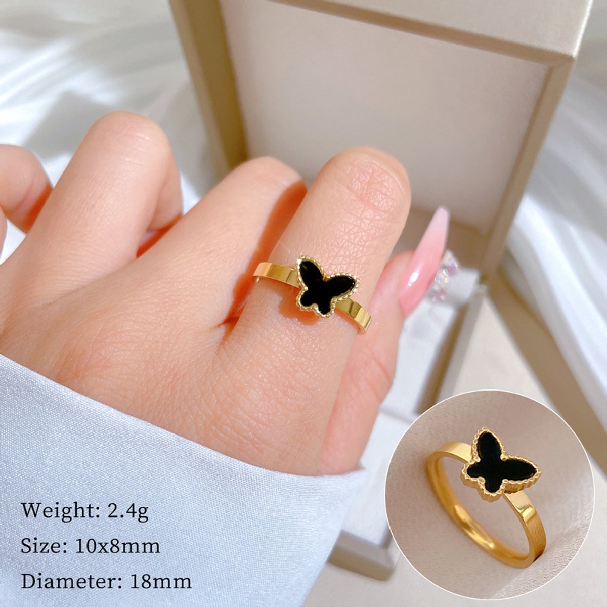 Glintweave – Roestvrijstalen Ring met Zwarte Vlinder – 18K Verguld – Dames – Goud/Zwart – Maat 57 (Ø 18 mm)