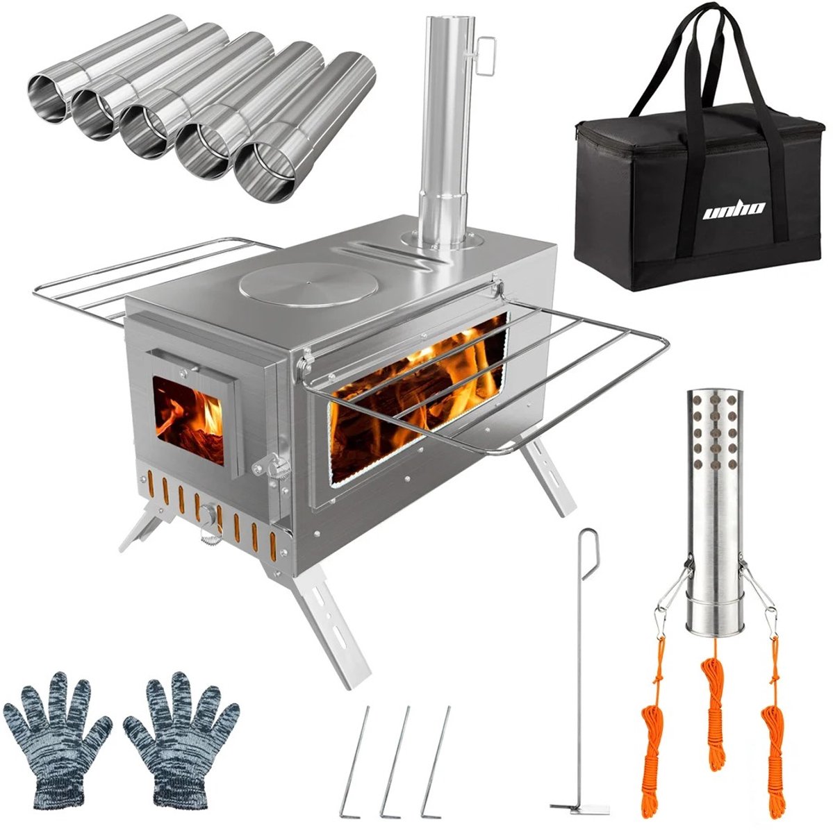 LabelOne Camping Kooktoestel - Kampeer Kooktoestel - Houtkachel - verwarming - buiten koken - 7 schoorsteenpijpen - incl. draagtas