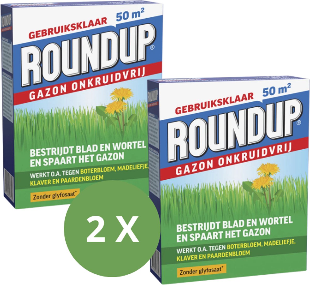ROUNDUP® Gazon Onkruidvrij 1kg - 2 Stuks Voor 100 m2 - Bestrijdt blad en wortel en spaart het gazon - Werkt tegen o.a. botterbloem, madeliefjes, klaver en paardenbloem - Garden Select