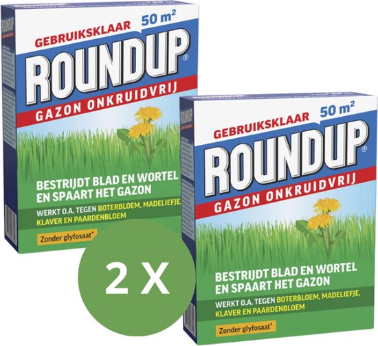 ROUNDUP® Gazon Désherbant 1kg - 2 Pièces Pour 100 m2 - Élimine feuilles et racines et épargne le gazon - Agit contre notamment la bouton d'or, les pâquerettes, le trèfle et le pissenlit - Garden Select