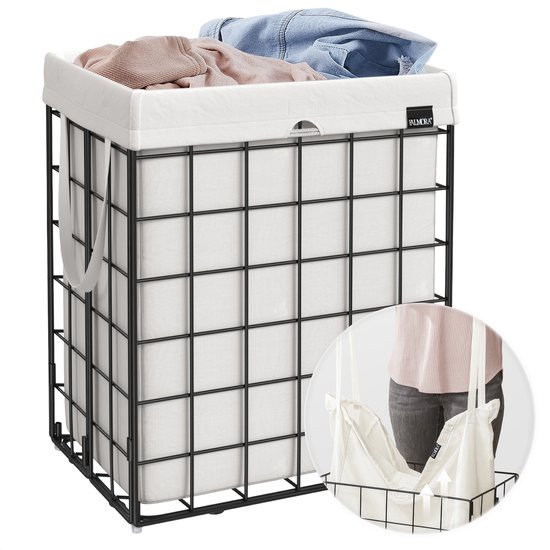 Witte wasmand met metalen rooster, gevuld met kleding. Een kleine inset toont hoe de waszak los te maken is.