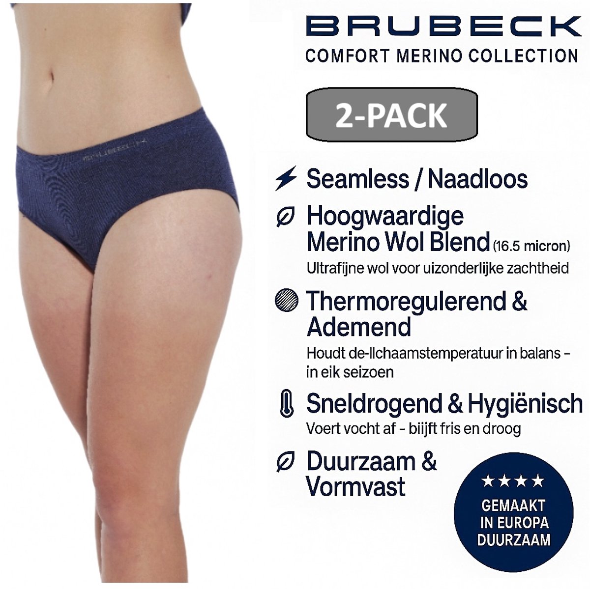 Brubeck Dames Slip Klassiek – Merino Wol Blend Naadloos Ondergoed – 2 PACK - Navy Blauw – Maat XL