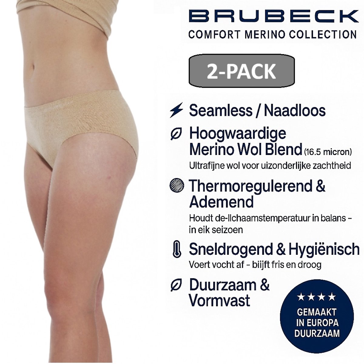 Brubeck Dames Slip Klassiek – Merino Wol Blend Naadloos Ondergoed – 2 PACK - Beige – Maat L