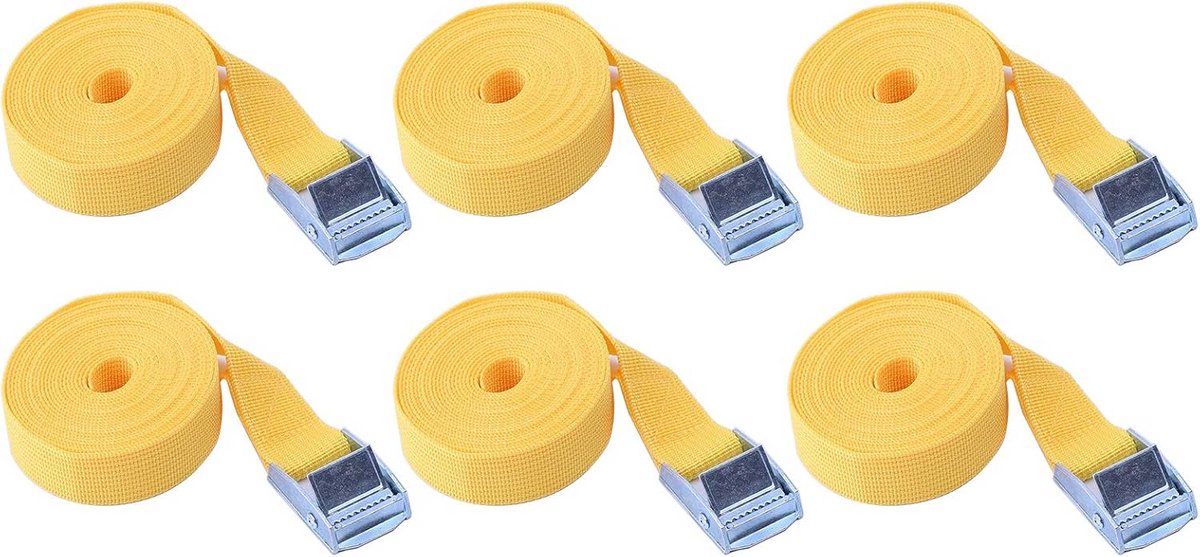 Set van 6 ratelbanden voor transport en camping - 25 mm x 3 m - Geel