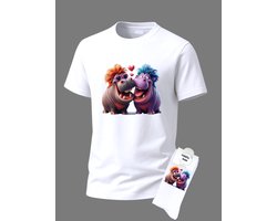 Valentijns cadeau - Valentijn cadeau - Giftset - Nijlpaard - Shirt - T-shirt Liefde - Cadeau set shirt met sokken - Grappig cadeau voor vrouw en man - Valentijnsdag - T-shirt voor dames en heren met tekst - Maat L