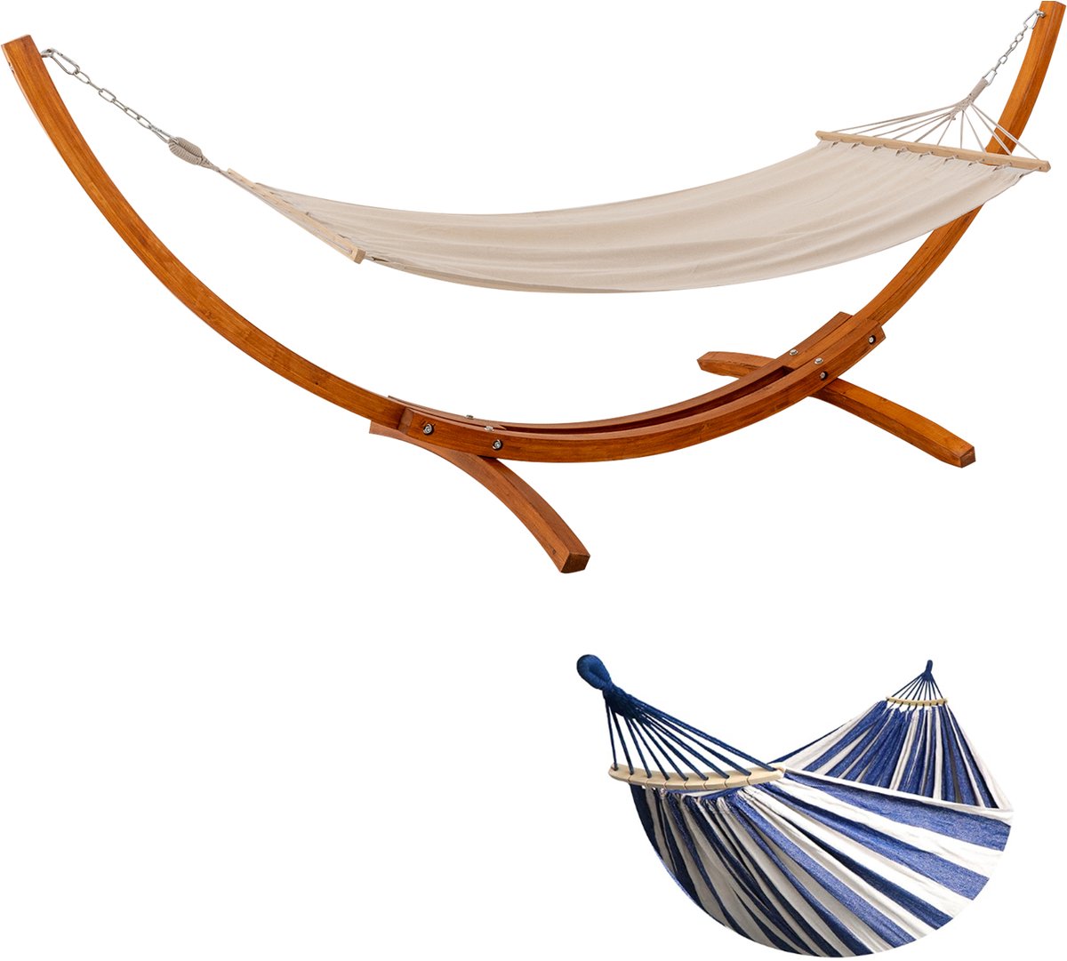 HOMAVO Hangmat met Houten Standaard, Inclusief 2 Hangmatten, Belasting 200 kg, 320×120×120 cm, Hoogte Verstelbaar, Voor Tuin, Terras en Balkon