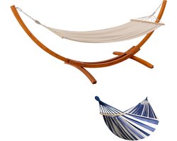 HOMAVO Hangmat met Houten Standaard, Inclusief 2 Hangmatten, Belasting 200 kg, 320×120×120 cm, Hoogte Verstelbaar, Voor Tuin, Terras en Balkon