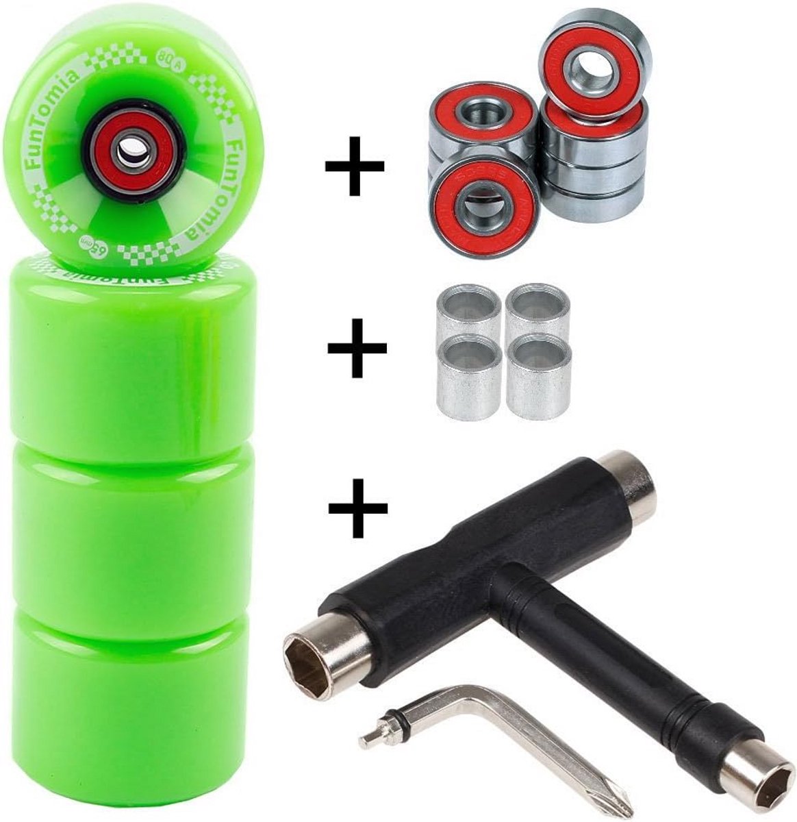 4 Stuks Longboard Wielen 65x45mm 80A met Kogellagers en T-tool Groen