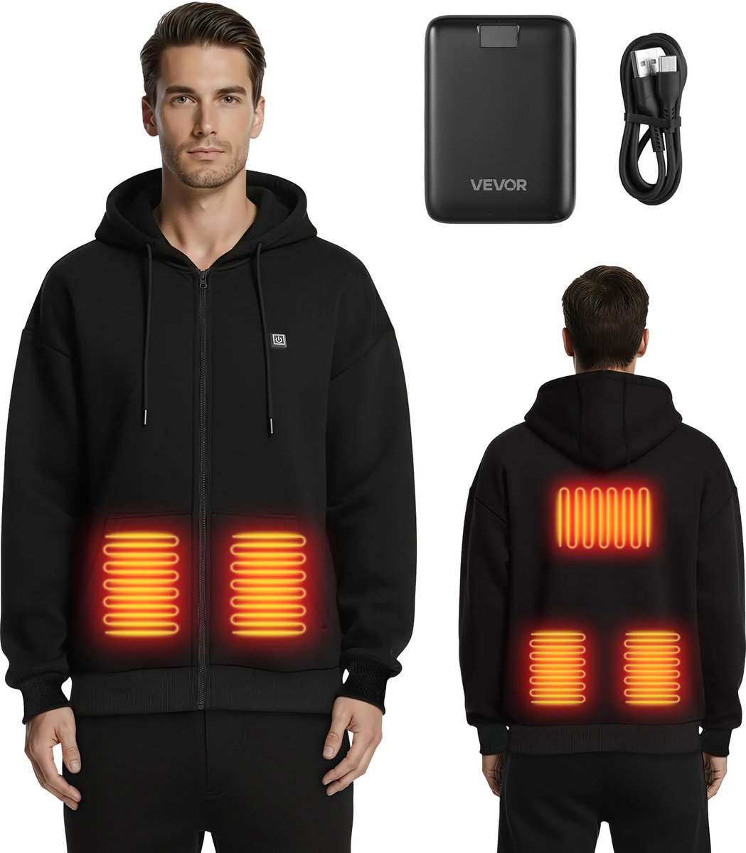 VEVOR Verwarmde Hoodie Unisex Jas met Capuchon en Ritssluiting & 7 4V 16000mAh Powerbank 5 Verwarmingszones 3 Temperatuurniveaus 4-8 Uur Warmte voor Winterkamperen Zwart