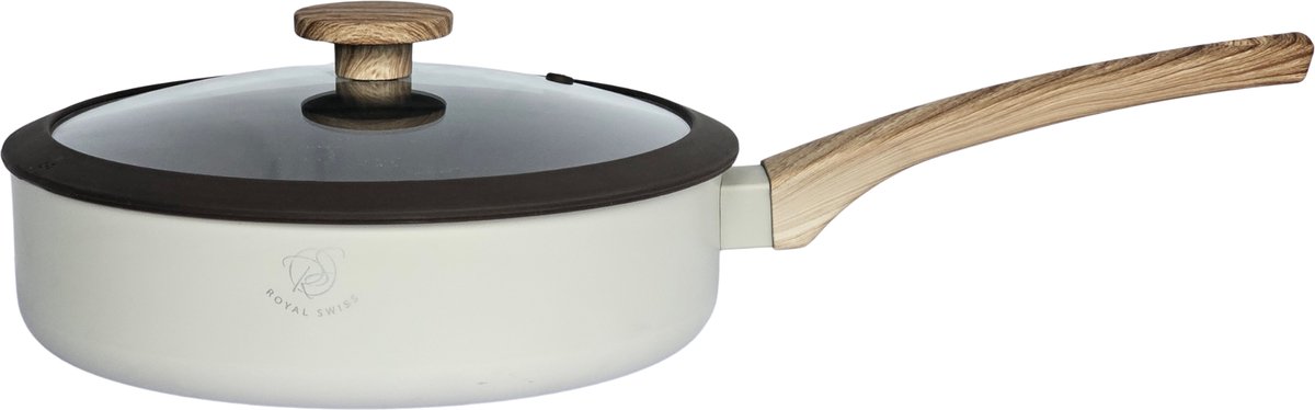 Royal Swiss® Diepe Pan 24 cm met Deksel – Crème – Marmeren Krasbestendige Anti-aanbaklaag – Geschikt voor Inductie & Alle Kookplaten – Duurzaam Kookgerei