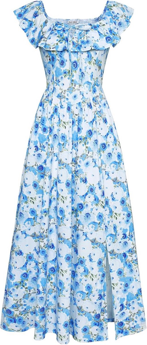 Dames Bloemen Zomer V-hals Ruche Mouw Empire Taille A-lijn Casual Maxi Jurk met Zakken