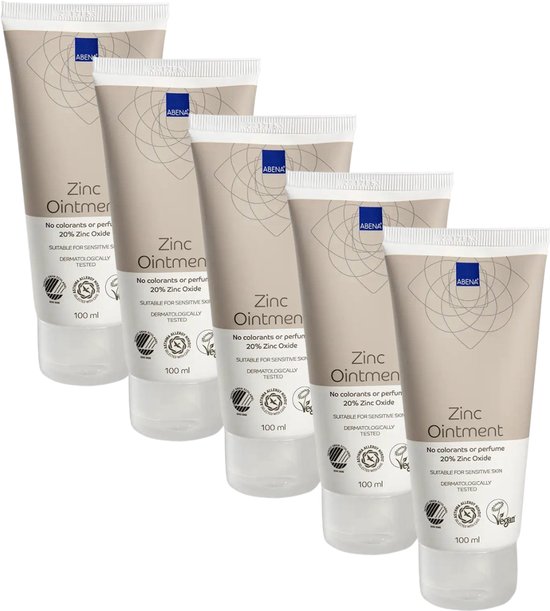 Vijf tubes Abena Zinkzalf 100 ml met een beige ontwerp en blauwe en witte details.