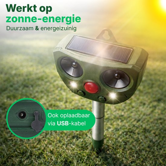 Groene Liveno dierenvijver op het gras, met zonnepanelen. Werkt op zonne-energie en is ook oplaadbaar via USB.