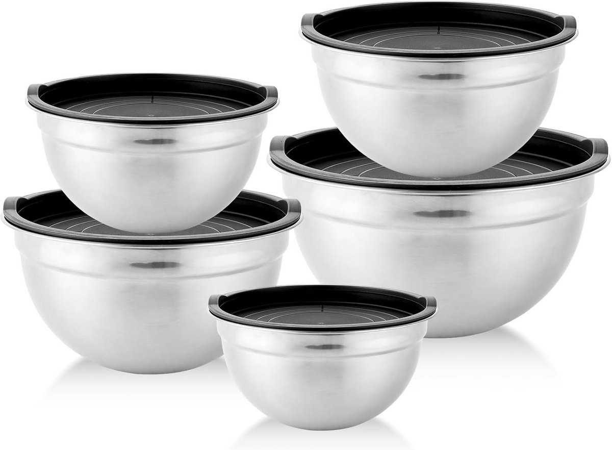 Stainless Steel Mixing Bowls Set of 5 with Lids - Stackable and Dishwasher Safe
