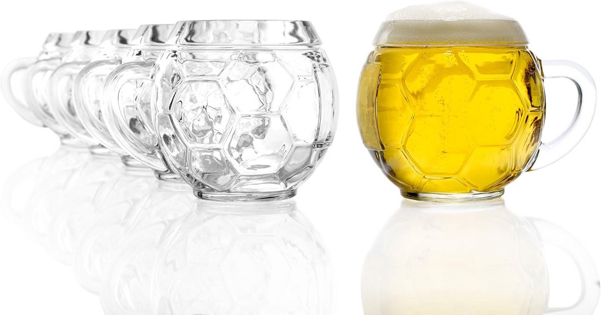 Voetbal Bierglazen Set van 6 - 0,4 Liter - Stevige Borosilicaat Glazen voor Voetbalfans