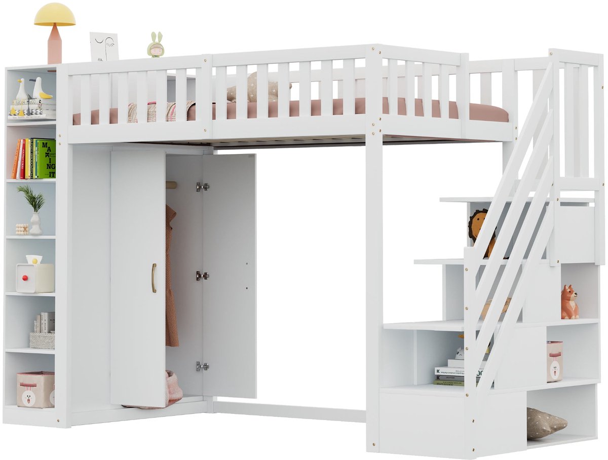Merax Hoogslaper 90x200 cm - Met grote kledingkast - Opbergtrap met vakken - Ingebouwde planken en opbergkasten - Houten lattenbodem - Wit - Zonder matras