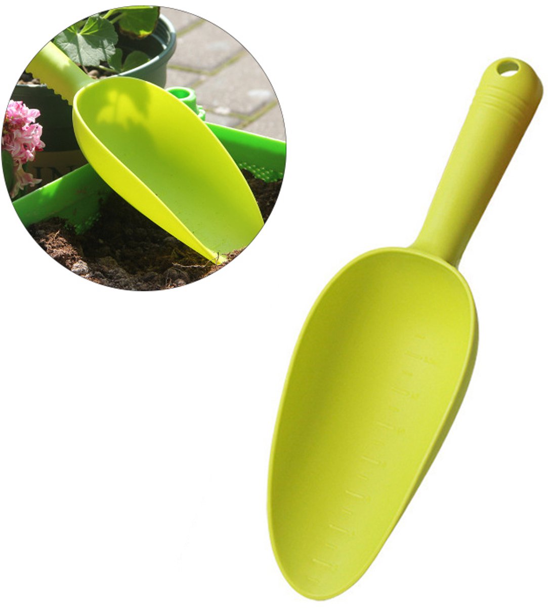 Tuinschep - Potgrondschep - Graafschep - Kunststof tuinschep - Antislip handvat - 30*9cm - Tuingereedschap -Met schaalverdeling - Geschikt voor het losmaken van grond, graven, planten van zaailingen, verplanten, wieden - Lichtgroen