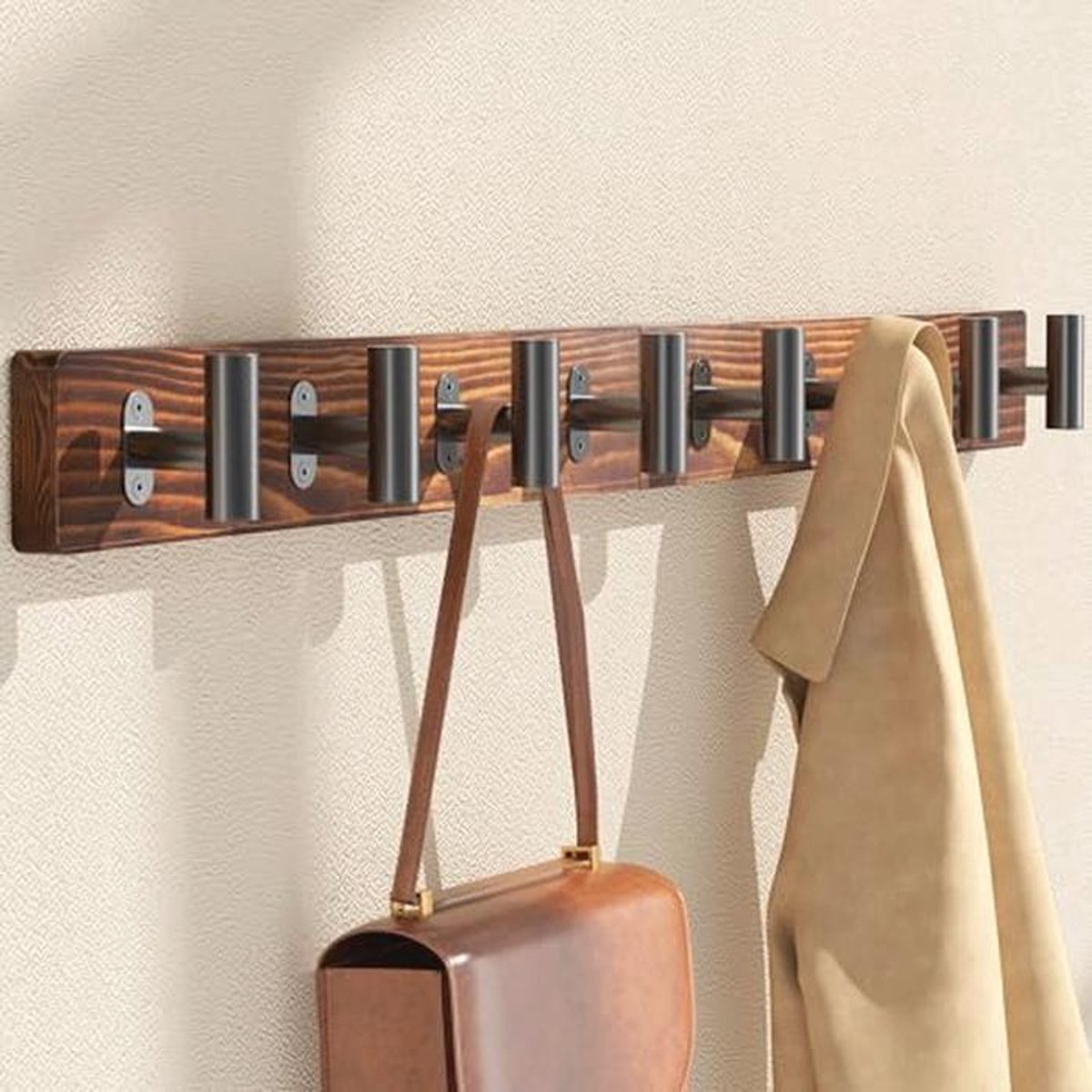 Kapstok Wandmontage 82 cm - Massief Houten Kleerhanger met 8 Zwarte Metalen Haken