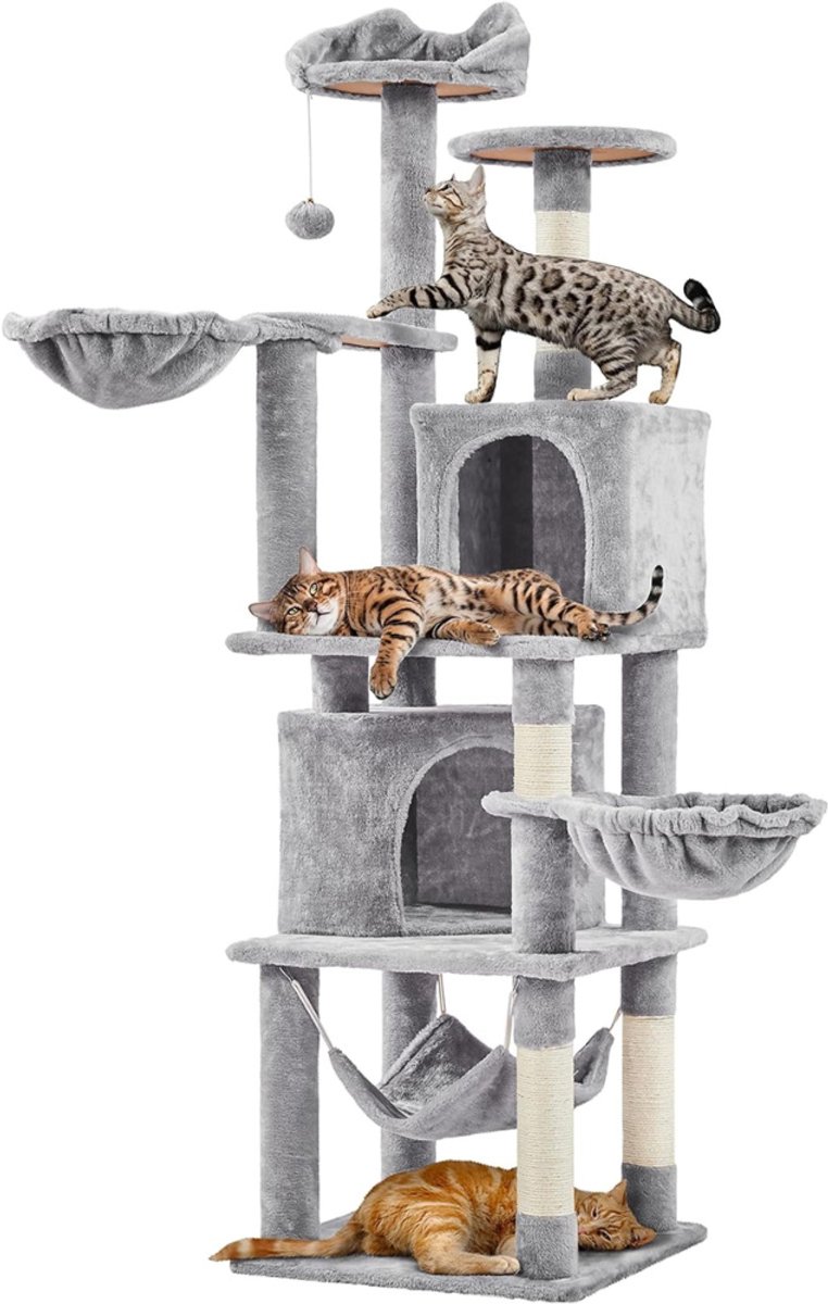 Yaheetech XXL krabpaal, 175 cm plafondhoogte, krabpaal voor 3-4 katten, stevige klimpaal met sisal krabpalen, platforms, mand, hangmat, pluche bal