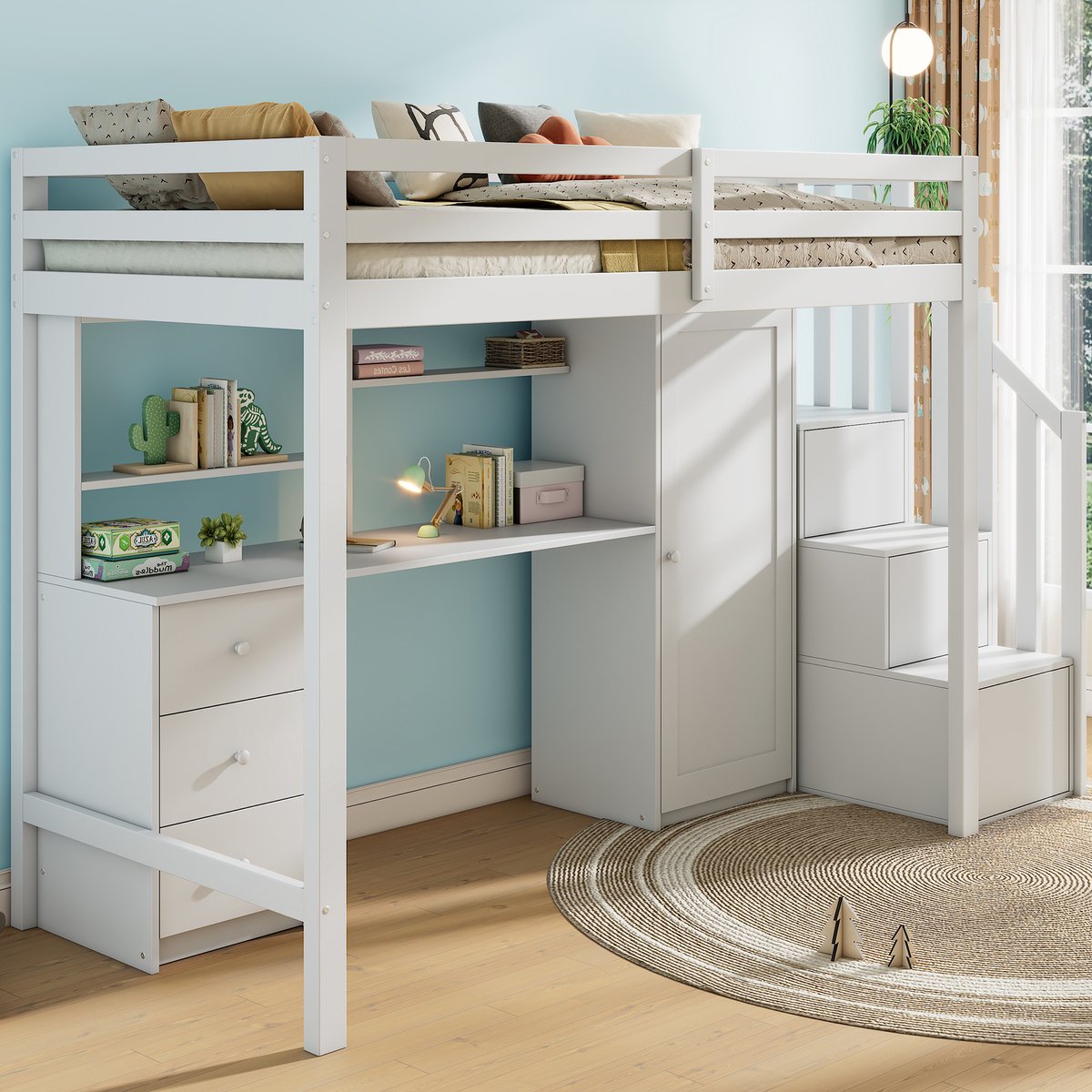 Wishdor Stapelbed 90x200 cm - Bureau & Kledingkast - Trap met Lades - Wit Hout - Studie & Slaap Combinatie