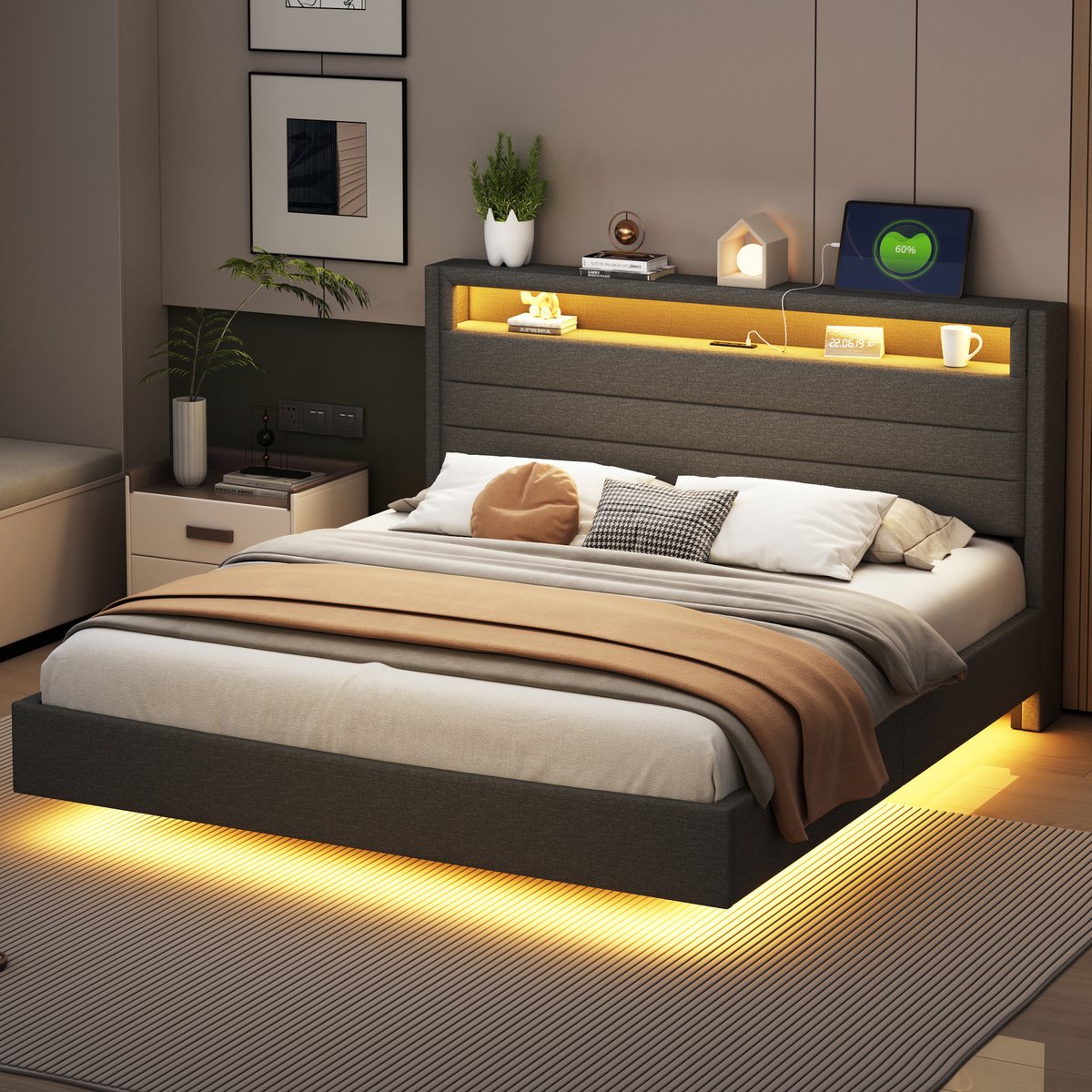 Wishdor Gestoffeerd Bed 160x200 cm – USB & LED – Opklapbaar Hoofdbord Met Opbergruimte – Grijs Linnen – Smart & Stijlvol