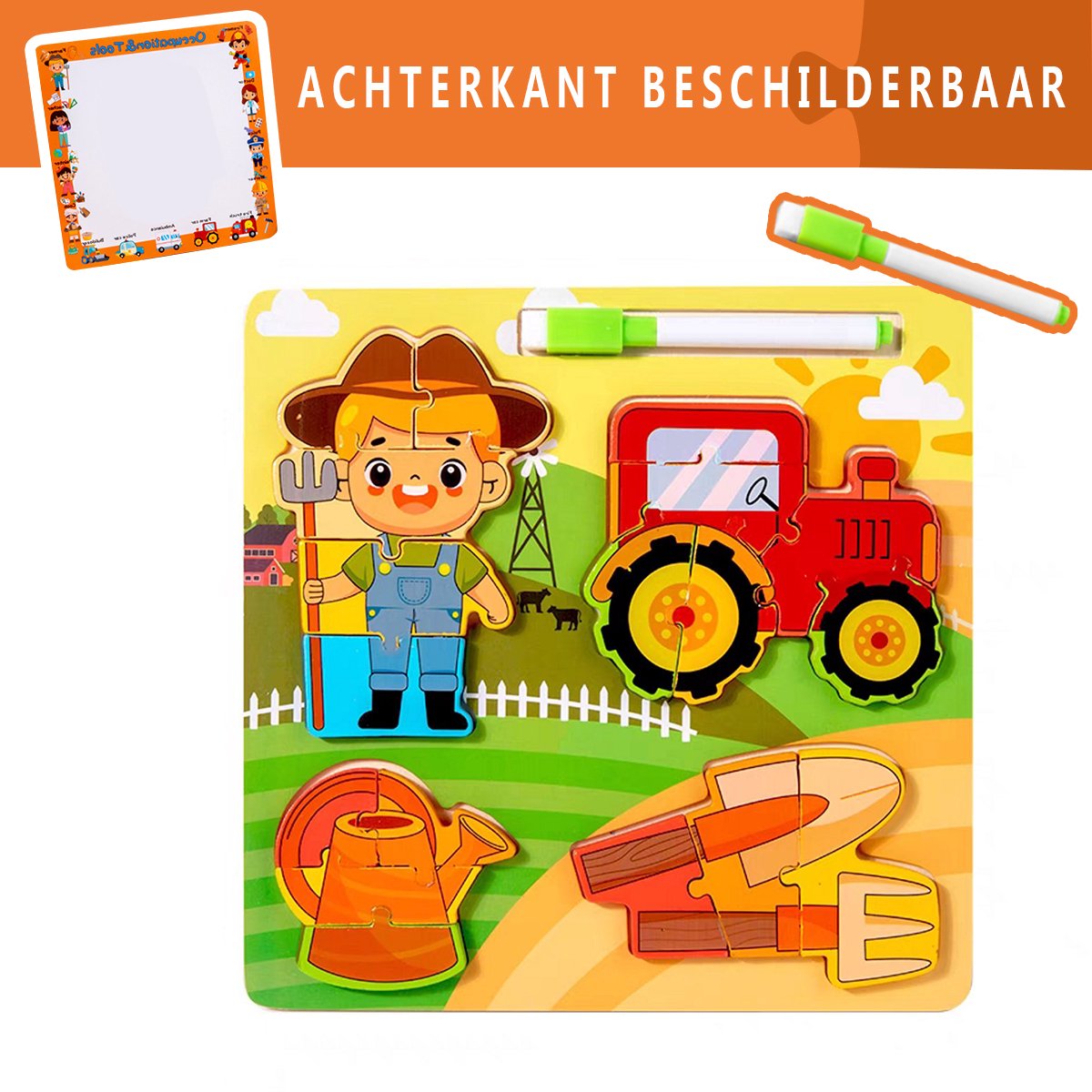 Houten Beroepen Puzzel met Uitwisbare Whiteboardstiften - Achterzijde beschilderbaar- Educatieve Speelset - 3D Puzzel - 18-delige Houten Puzzels - Leer Verschillende Banen - Montessori Leren - Jongens Meisjes - Geschikt voor 2 3 4 5 Jaar - Boer