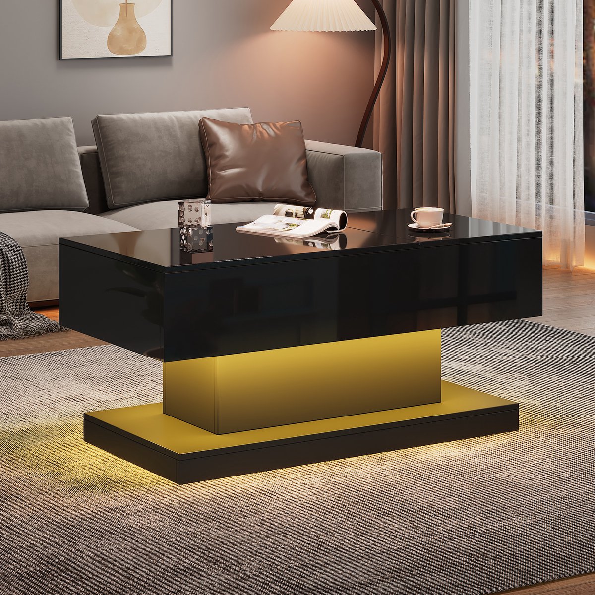 Wishdor Hoogglans salontafel 100x50x45 cm met hydraulische lift, LED-verlichting en zijwaarts schuifbare bladhelft