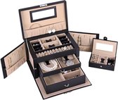 XL Luxe Sieradenbox Met Spiegel - Sieradendoos - Bijouteriedoos Opbergbox - Juwelen Opbergdoos - PU Leder Zwart
