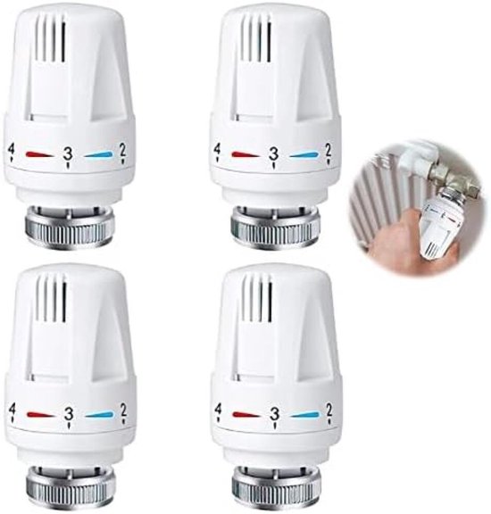 Vier witte thermostaatkranen op een rij, met een detail van een kraan op een radiator in de rechterbovenhoek.
