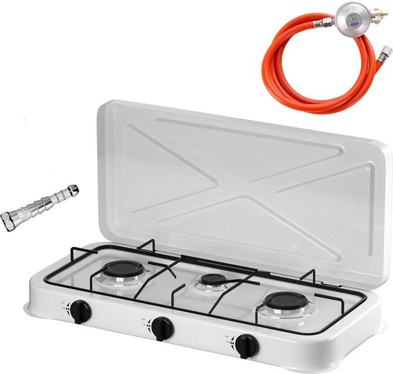 Wit 3-pits gasstel met gesloten deksel. Inclusief rode gasslang, gasregelaar en adapter. 'CE'